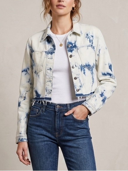 L'agence Zuma Bleach Splattered Cropped Denim Jacket Frayed Bottom Size Small